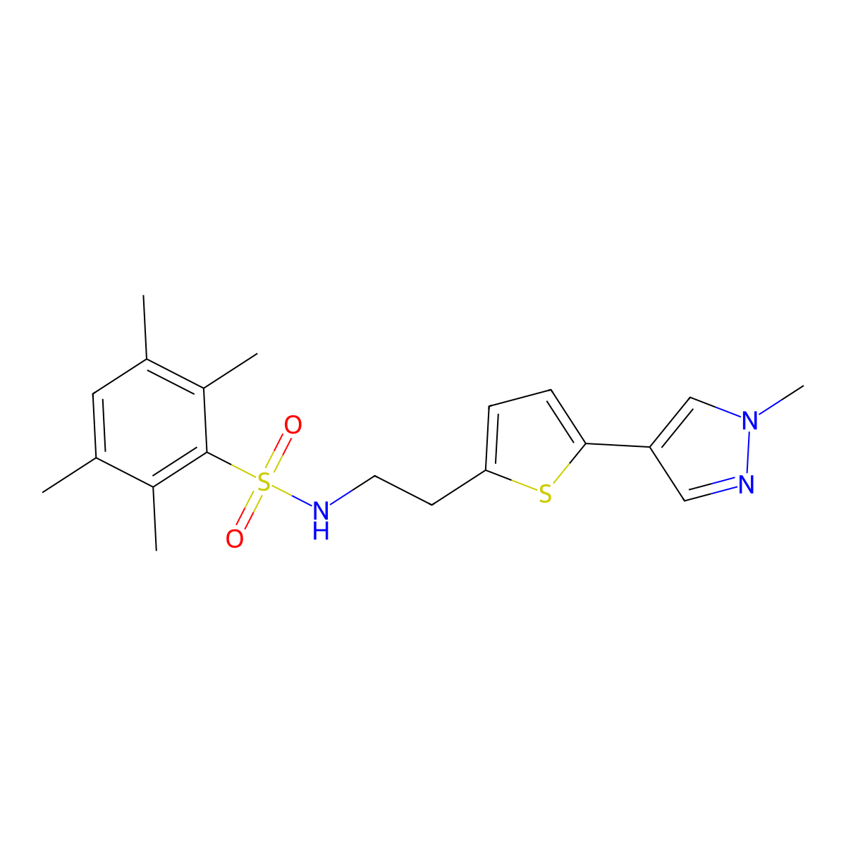 2,3,5,6-tetramethyl-N-{2-[5-(1-methyl-1H-pyrazol-4-yl)thiophen-2-yl]ethyl}benzene-1-sulfonamide molecular structure, CAS 2640973-43-7