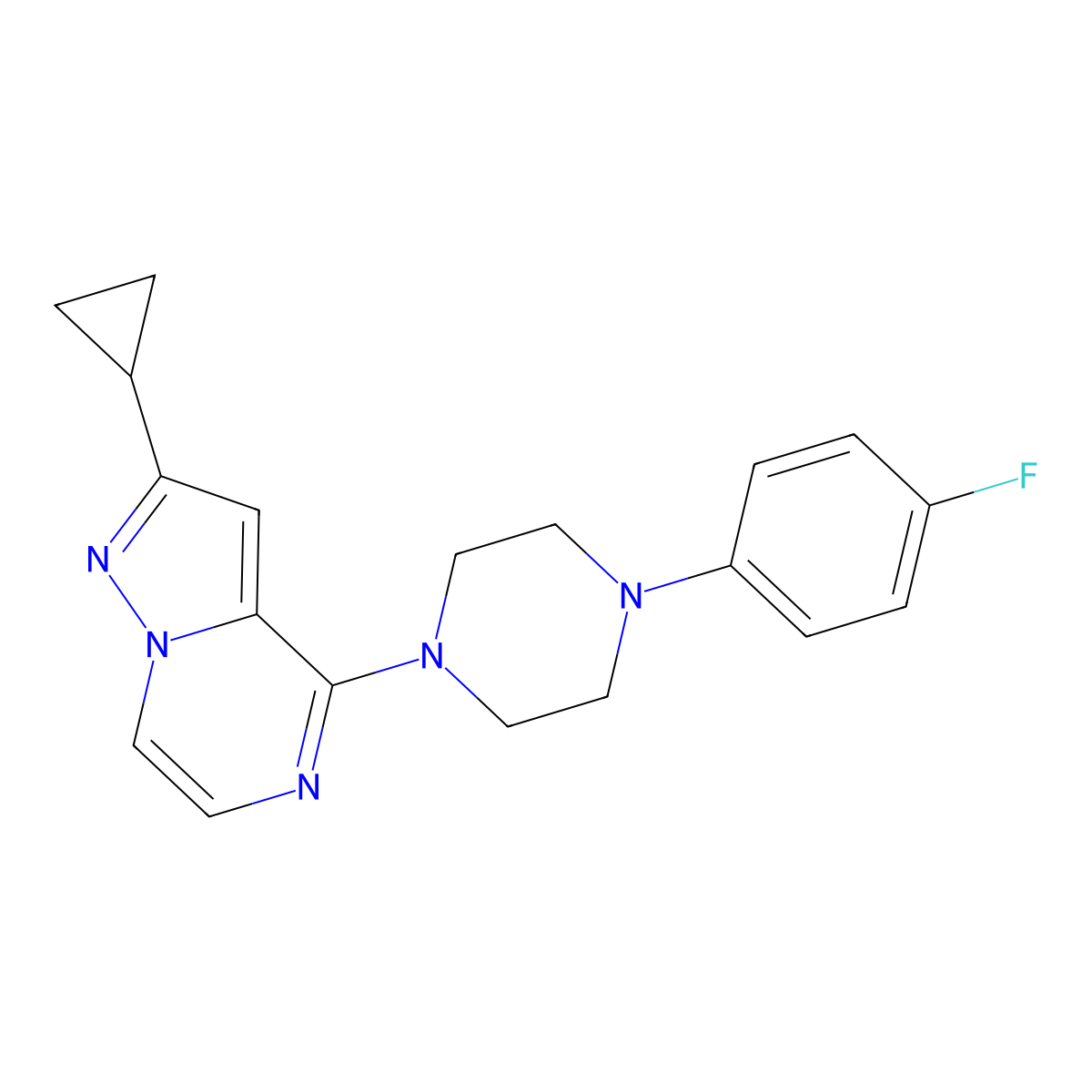 1-{2-Cyclopropylpyrazolo[1,5-a]pyrazin-4-yl}-4-(4-fluorophenyl)piperazine molecular structure, CAS 2640973-50-6