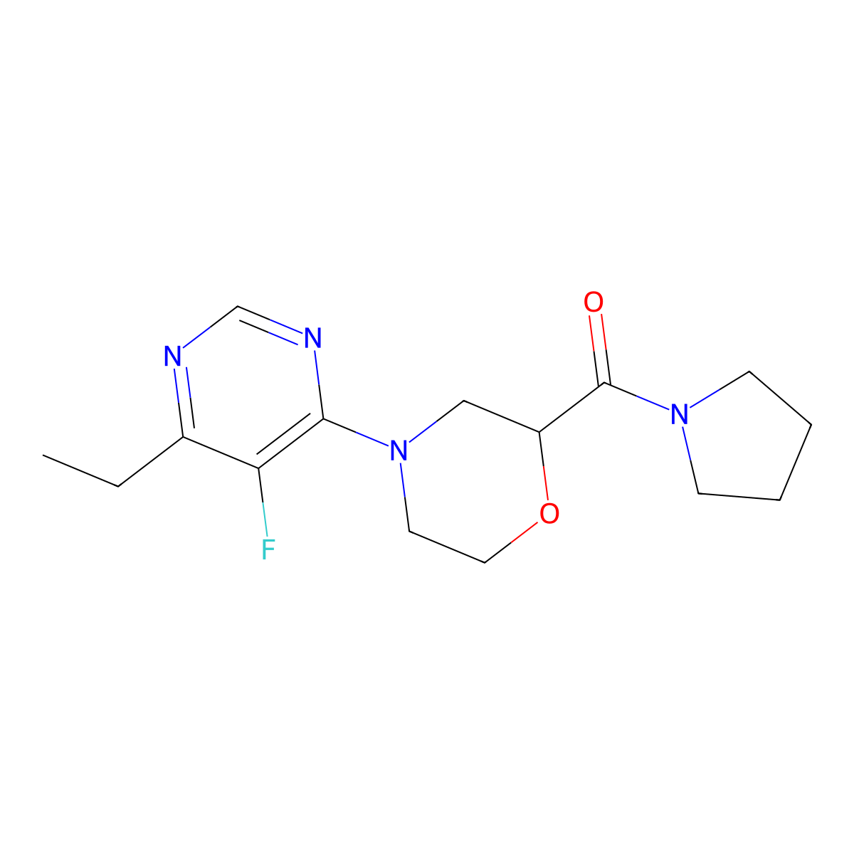 4-(6-Ethyl-5-fluoropyrimidin-4-yl)-2-(pyrrolidine-1-carbonyl)morpholine molecular structure, CAS 2640973-67-5