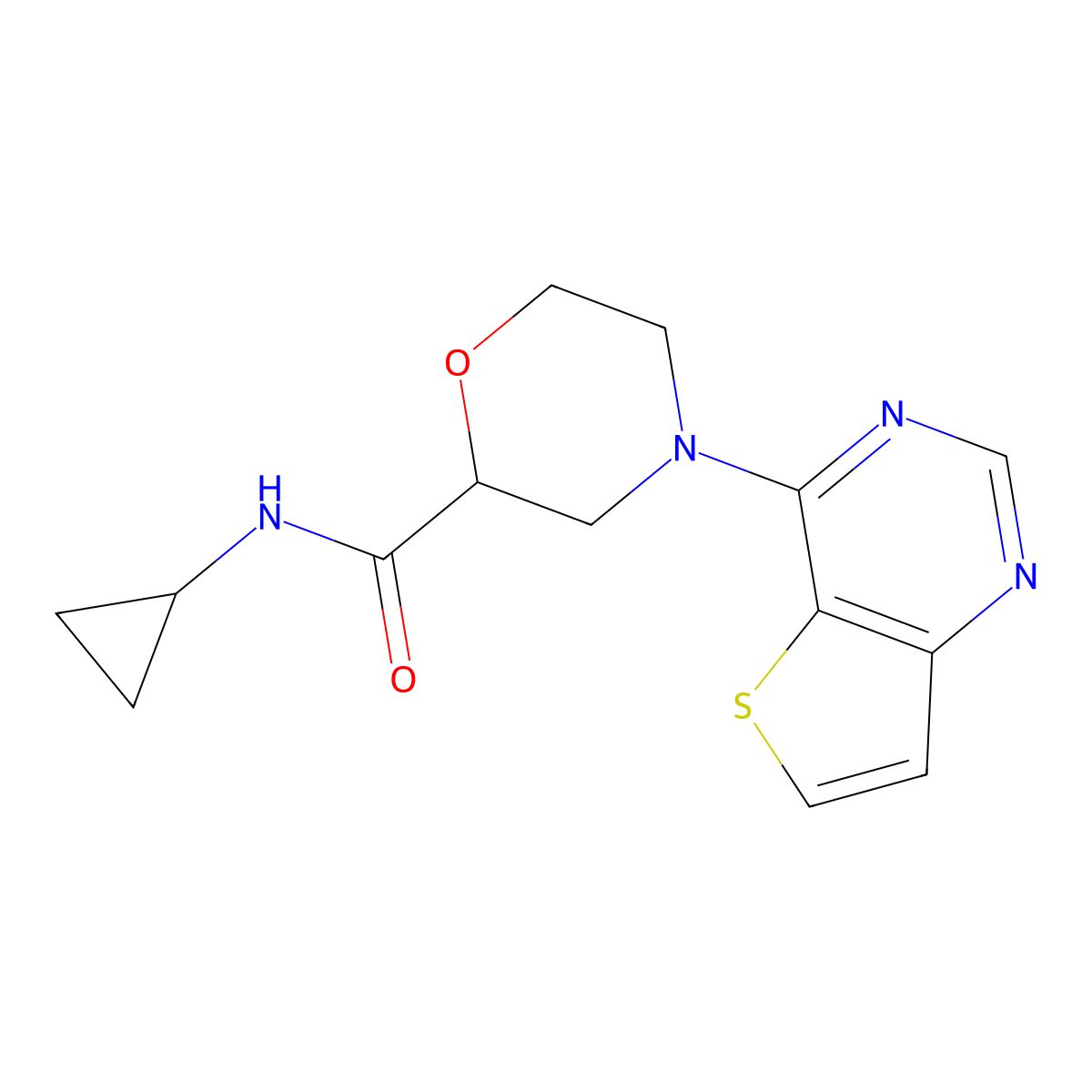 N-cyclopropyl-4-{thieno[3,2-d]pyrimidin-4-yl}morpholine-2-carboxamide molecular structure, CAS 2640973-68-6