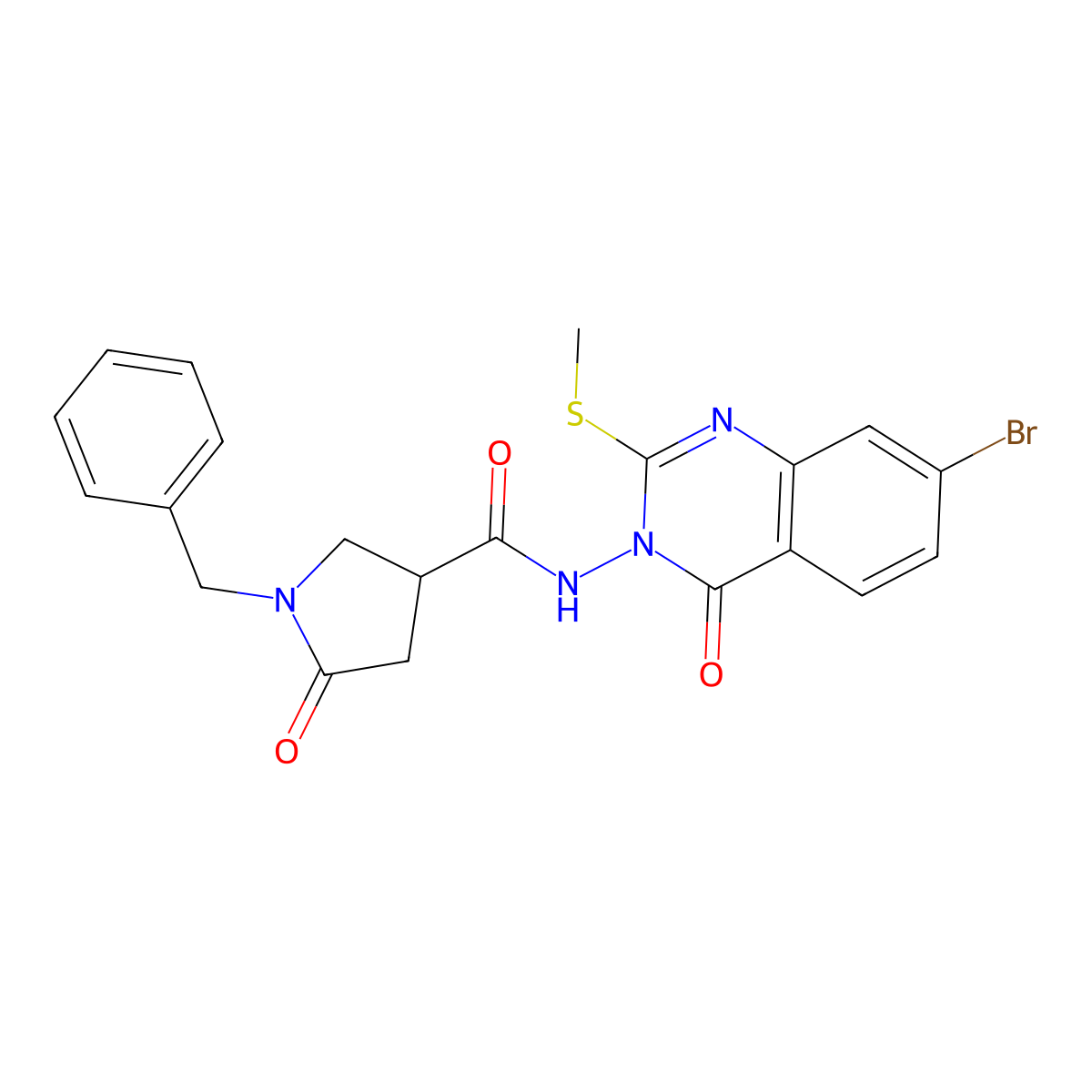 1-benzyl-N-[7-bromo-2-(methylsulfanyl)-4-oxo-3,4-dihydroquinazolin-3-yl]-5-oxopyrrolidine-3-carboxamide molecular structure, CAS 2640973-69-7