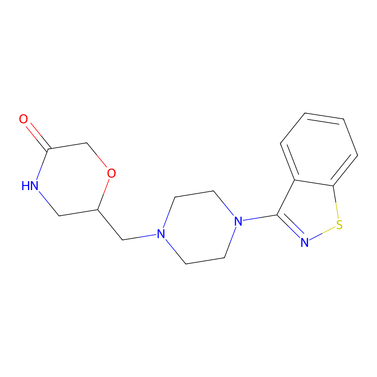 6-{[4-(1,2-Benzothiazol-3-yl)piperazin-1-yl]methyl}morpholin-3-one molecular structure, CAS 2640973-72-2