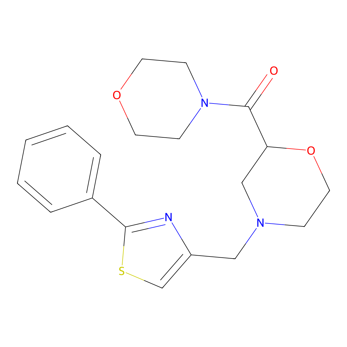 2-(Morpholine-4-carbonyl)-4-[(2-phenyl-1,3-thiazol-4-yl)methyl]morpholine molecular structure, CAS 2640973-73-3