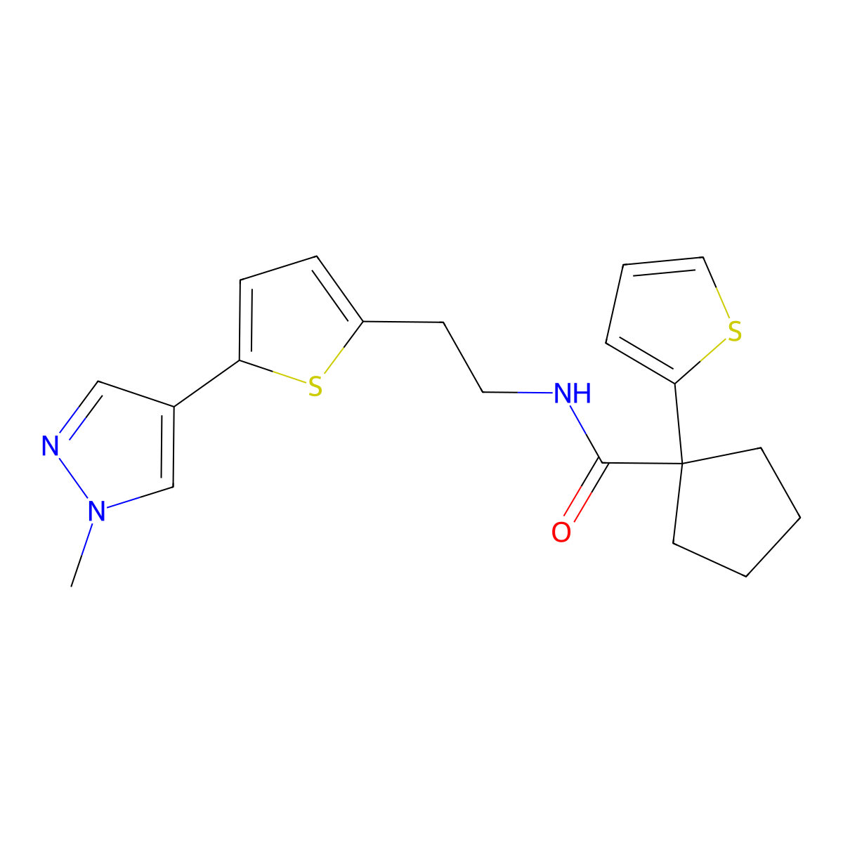 N-{2-[5-(1-methyl-1H-pyrazol-4-yl)thiophen-2-yl]ethyl}-1-(thiophen-2-yl)cyclopentane-1-carboxamide molecular structure, CAS 2640973-79-9