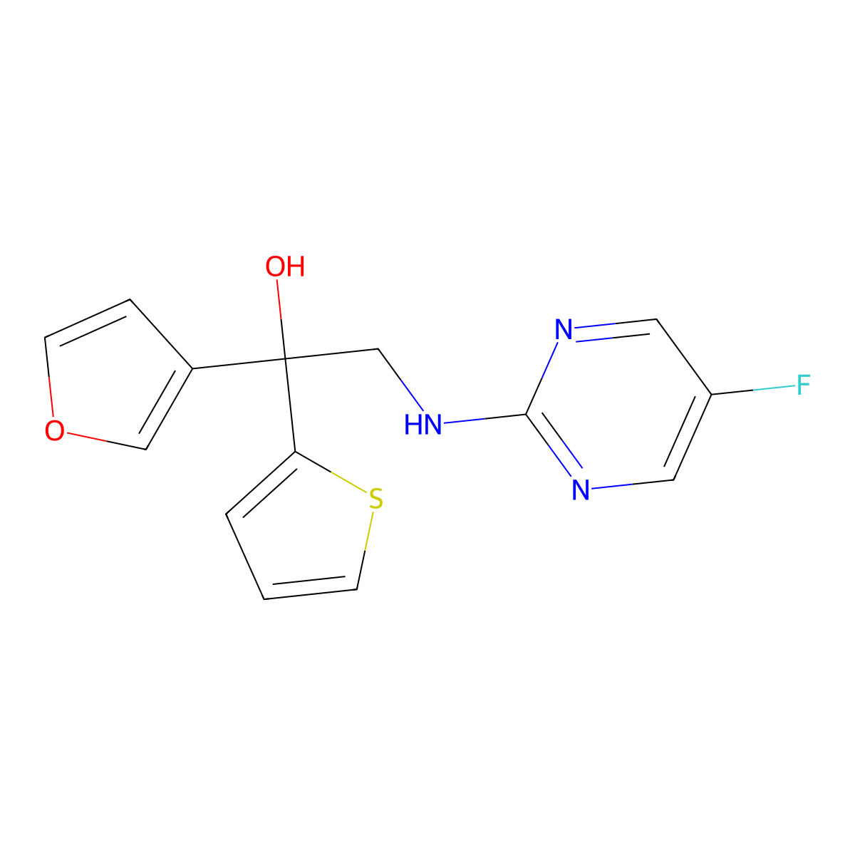 2-[(5-Fluoropyrimidin-2-yl)amino]-1-(furan-3-yl)-1-(thiophen-2-yl)ethan-1-ol molecular structure, CAS 2640973-84-6