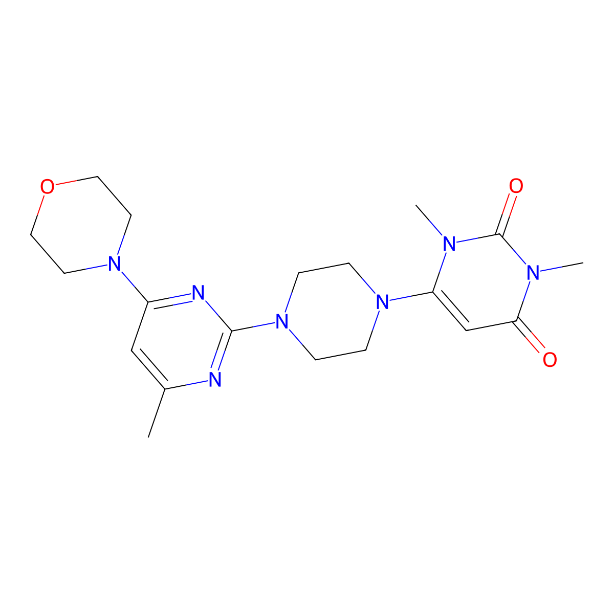 1,3-Dimethyl-6-{4-[4-methyl-6-(morpholin-4-yl)pyrimidin-2-yl]piperazin-1-yl}-1,2,3,4-tetrahydropyrimidine-2,4-dione molecular structure, CAS 2640973-90-4