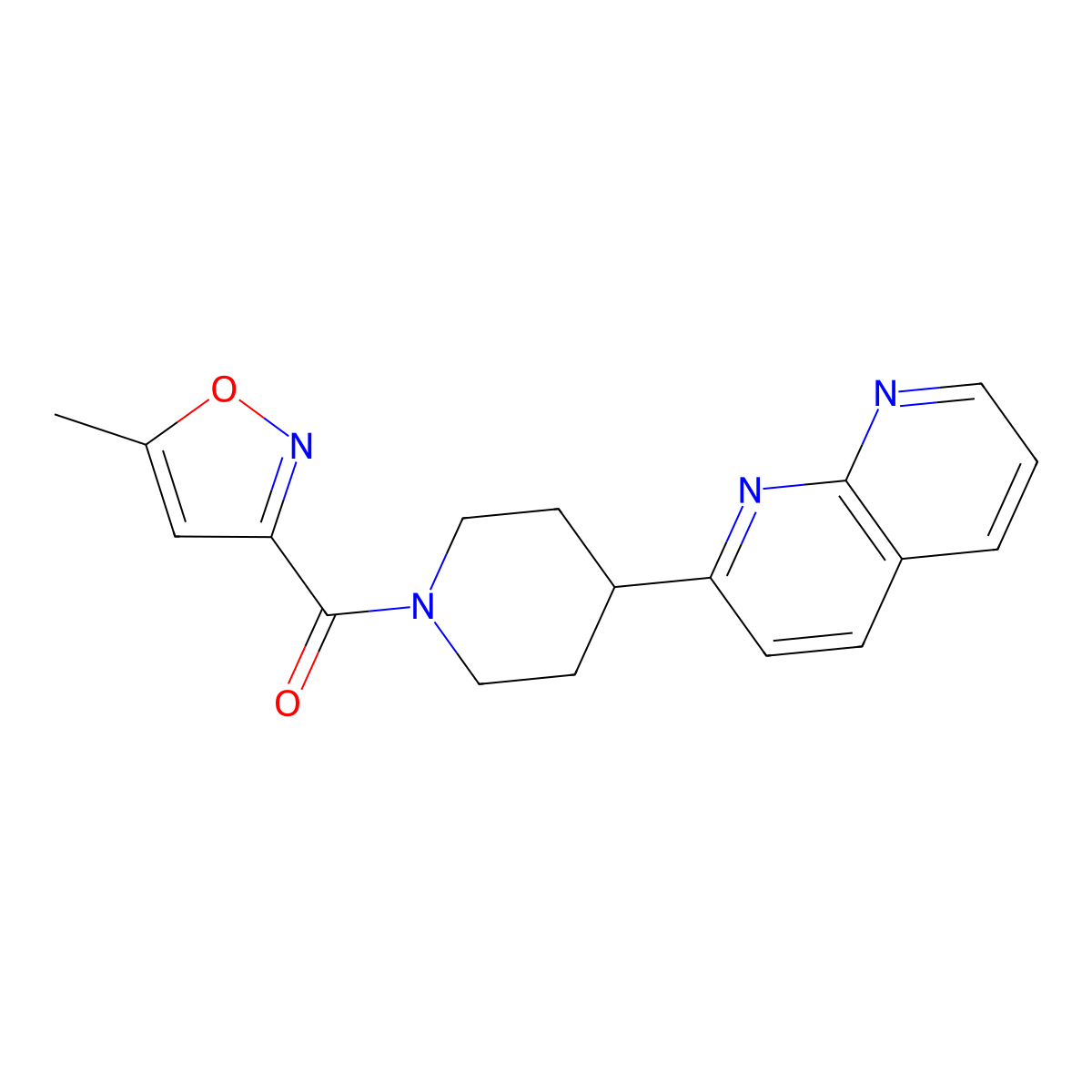 2-[1-(5-Methyl-1,2-oxazole-3-carbonyl)piperidin-4-yl]-1,8-naphthyridine molecular structure, CAS 2640973-98-2