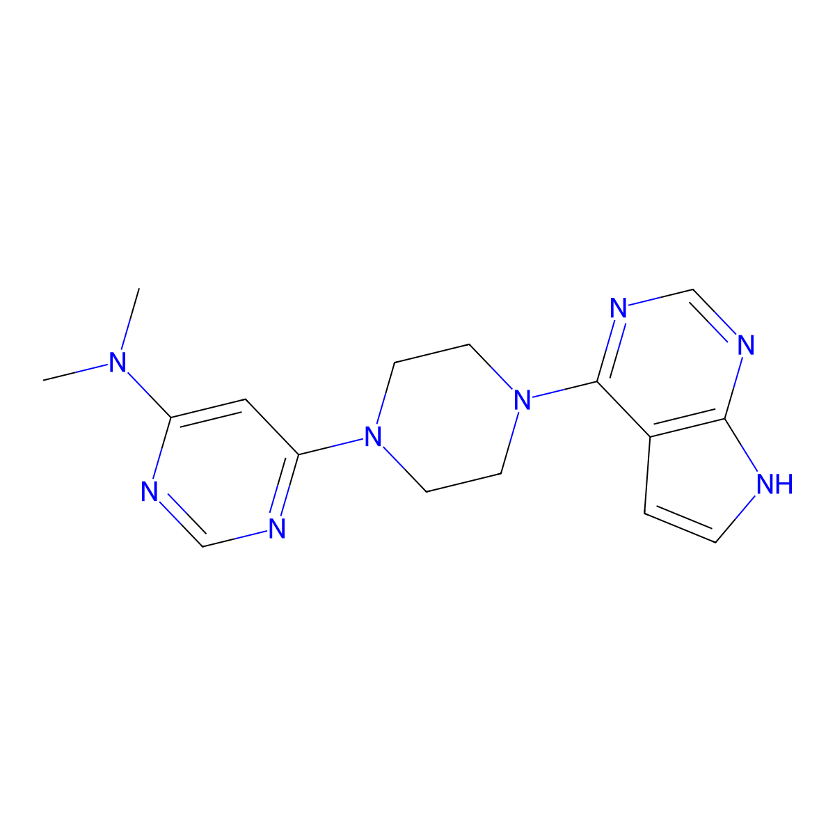 N,N-dimethyl-6-(4-{7H-pyrrolo[2,3-d]pyrimidin-4-yl}piperazin-1-yl)pyrimidin-4-amine molecular structure, CAS 2640974-01-0