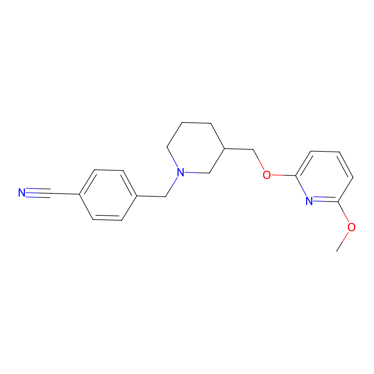 4-[(3-{[(6-Methoxypyridin-2-yl)oxy]methyl}piperidin-1-yl)methyl]benzonitrile molecular structure, CAS 2640974-06-5