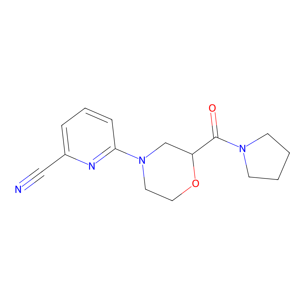 6-[2-(Pyrrolidine-1-carbonyl)morpholin-4-yl]pyridine-2-carbonitrile molecular structure, CAS 2640974-07-6
