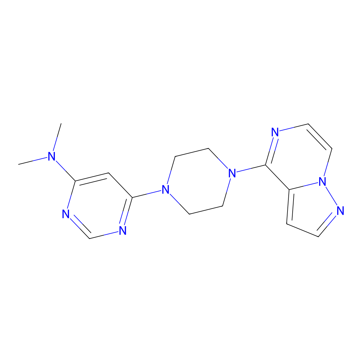 N,N-dimethyl-6-(4-{pyrazolo[1,5-a]pyrazin-4-yl}piperazin-1-yl)pyrimidin-4-amine molecular structure, CAS 2640974-11-2