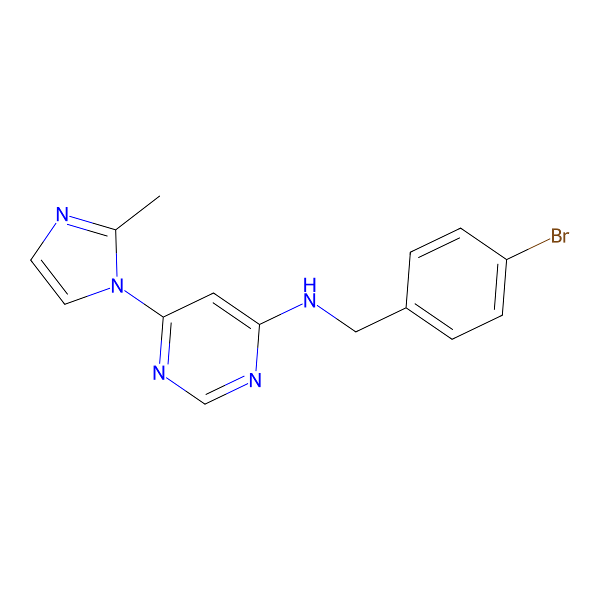 N-[(4-bromophenyl)methyl]-6-(2-methyl-1H-imidazol-1-yl)pyrimidin-4-amine molecular structure, CAS 2640974-13-4