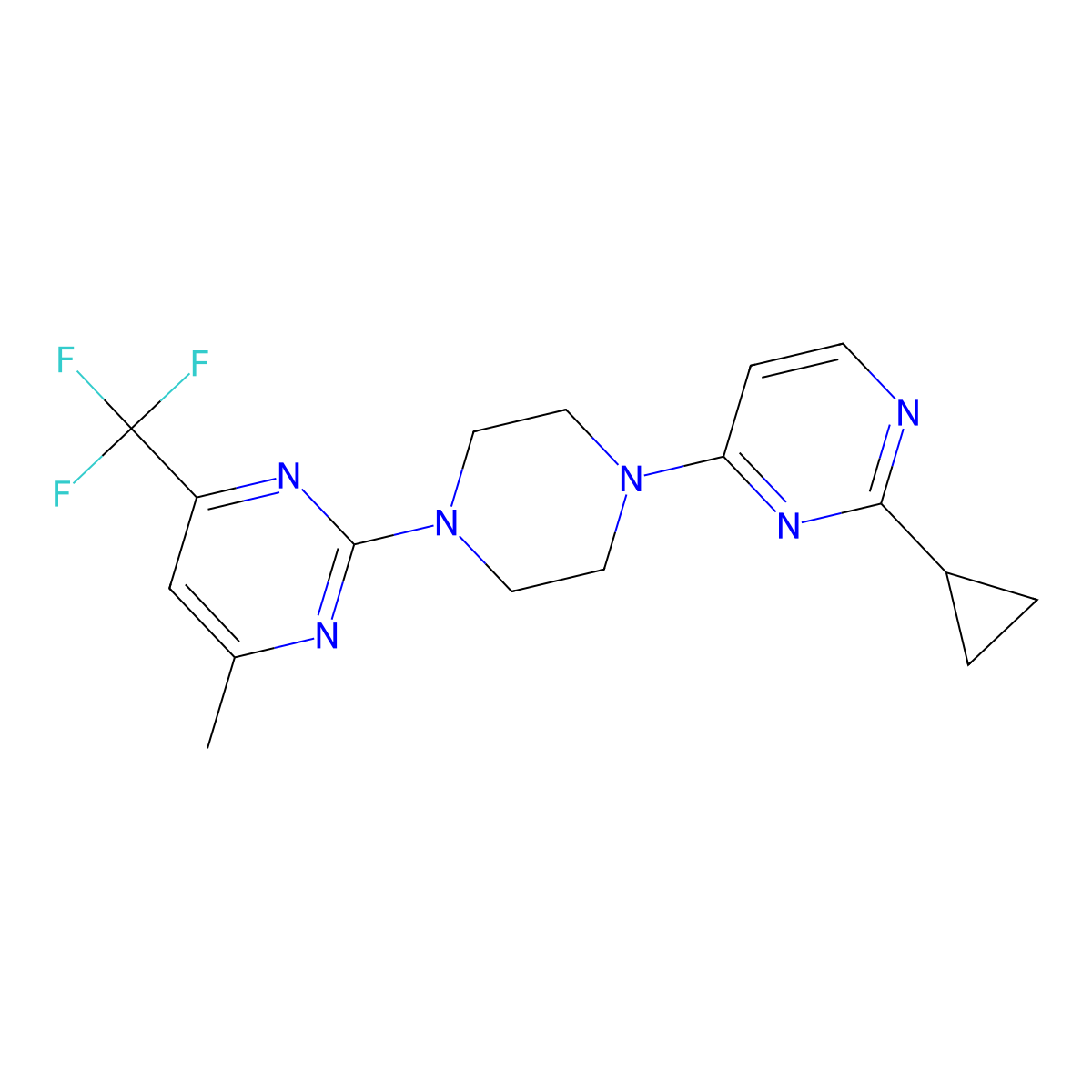 2-Cyclopropyl-4-{4-[4-methyl-6-(trifluoromethyl)pyrimidin-2-yl]piperazin-1-yl}pyrimidine molecular structure, CAS 2640974-17-8