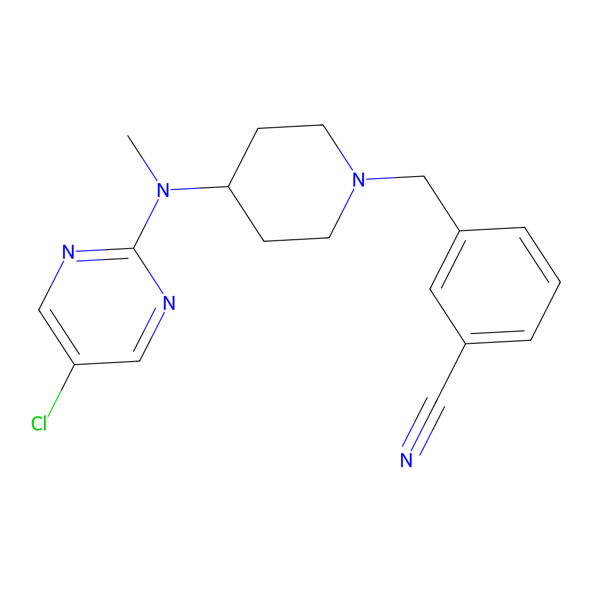 3-({4-[(5-Chloropyrimidin-2-yl)(methyl)amino]piperidin-1-yl}methyl)benzonitrile molecular structure, CAS 2640974-18-9