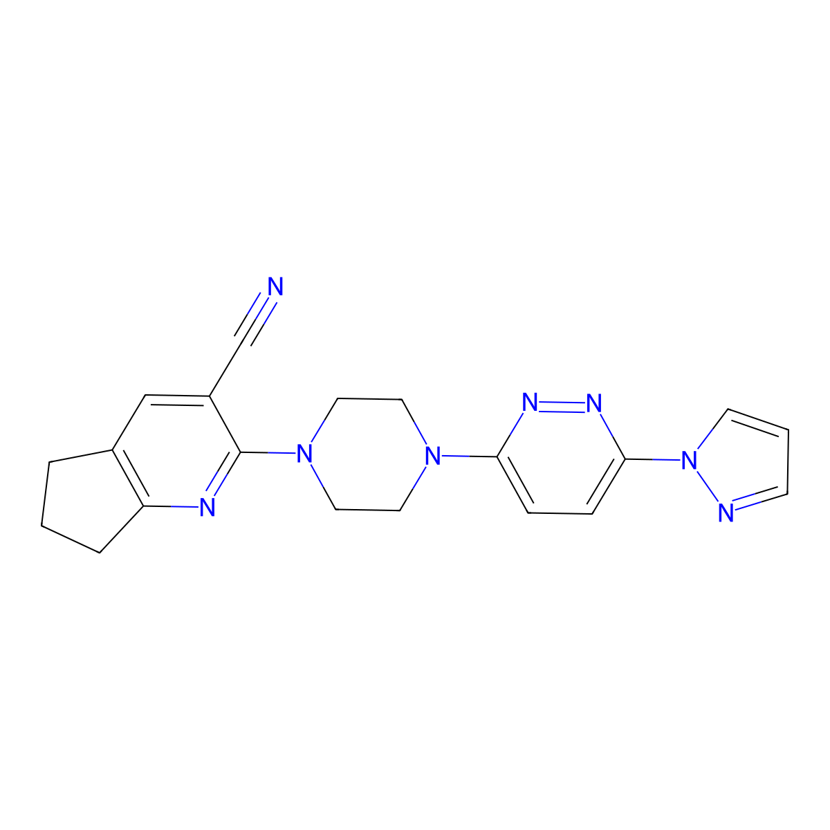 2-{4-[6-(1H-pyrazol-1-yl)pyridazin-3-yl]piperazin-1-yl}-5H,6H,7H-cyclopenta[b]pyridine-3-carbonitrile molecular structure, CAS 2640974-25-8