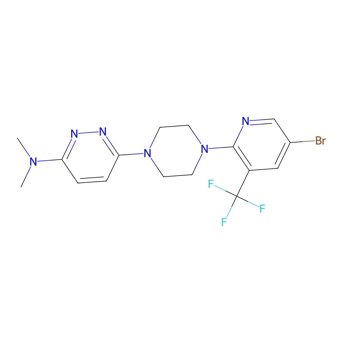 6-{4-[5-bromo-3-(trifluoromethyl)pyridin-2-yl]piperazin-1-yl}-N,N-dimethylpyridazin-3-amine molecular structure, CAS 2640974-41-8