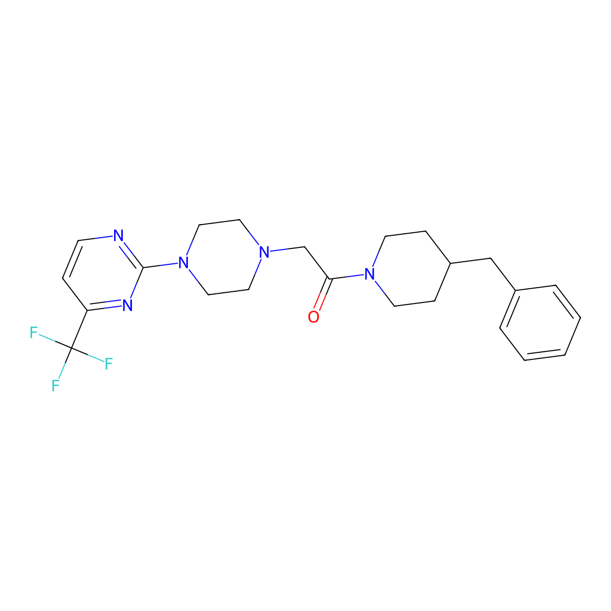 1-(4-Benzylpiperidin-1-yl)-2-{4-[4-(trifluoromethyl)pyrimidin-2-yl]piperazin-1-yl}ethan-1-one molecular structure, CAS 2640974-48-5