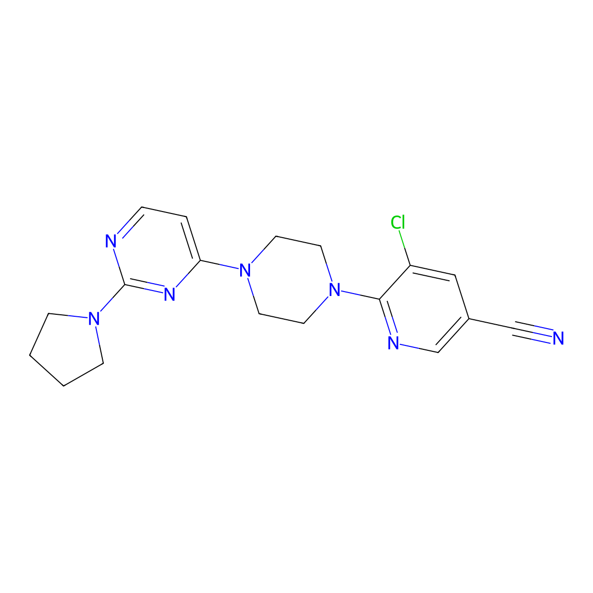 5-Chloro-6-{4-[2-(pyrrolidin-1-yl)pyrimidin-4-yl]piperazin-1-yl}pyridine-3-carbonitrile molecular structure, CAS 2640974-50-9