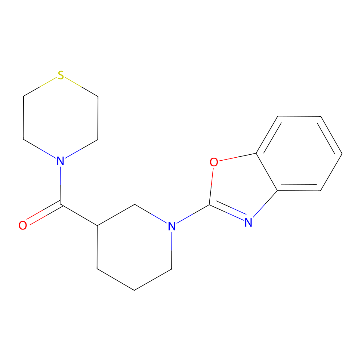 2-[3-(Thiomorpholine-4-carbonyl)piperidin-1-yl]-1,3-benzoxazole molecular structure, CAS 2640974-56-5