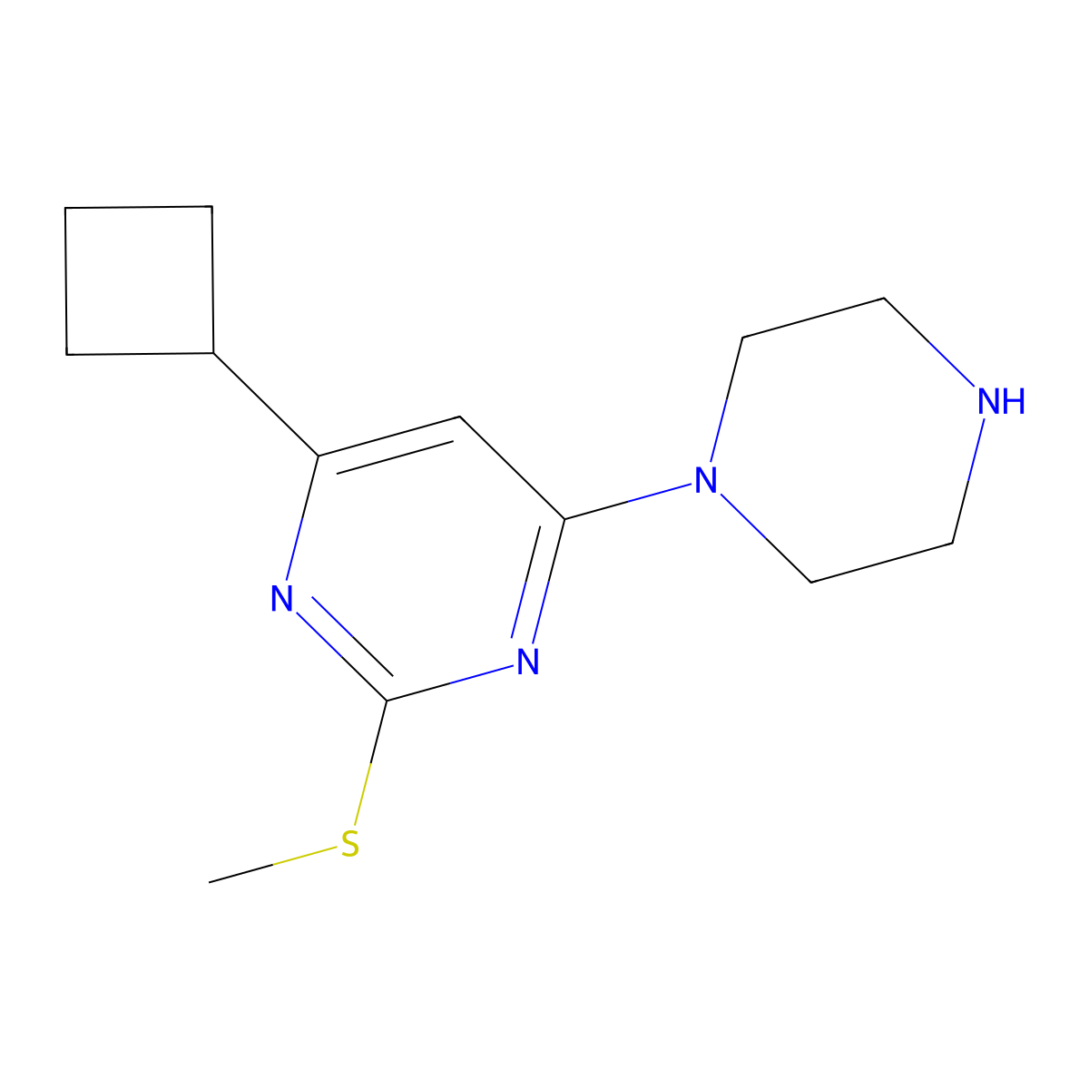 4-Cyclobutyl-2-(methylsulfanyl)-6-(piperazin-1-yl)pyrimidine molecular structure, CAS 2640974-57-6