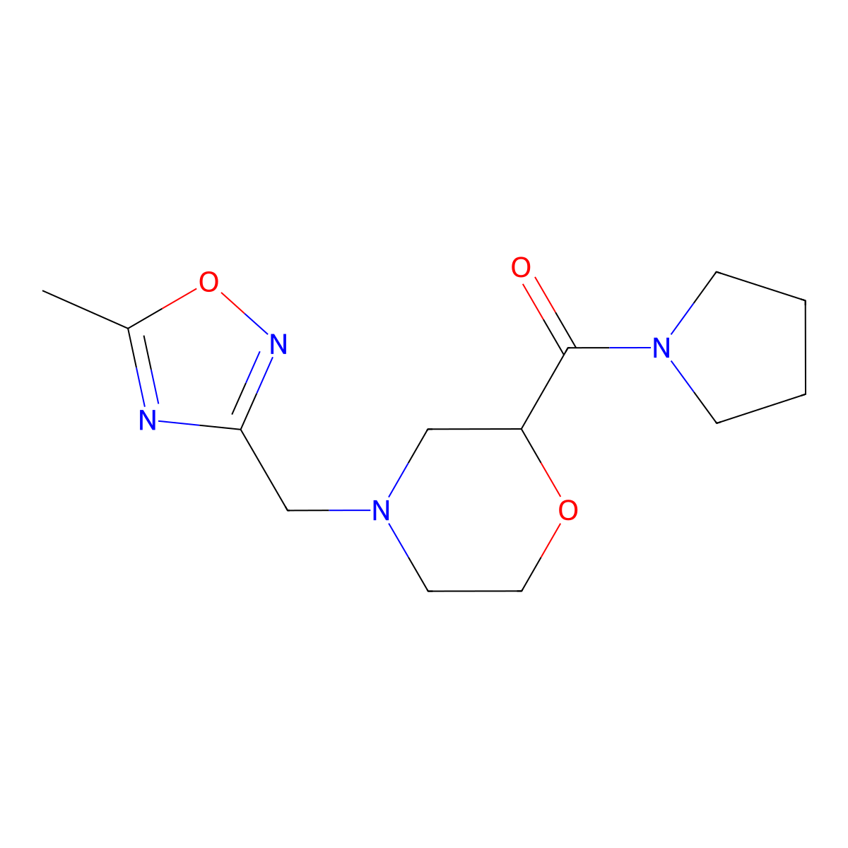 4-[(5-Methyl-1,2,4-oxadiazol-3-yl)methyl]-2-(pyrrolidine-1-carbonyl)morpholine molecular structure, CAS 2640974-62-3