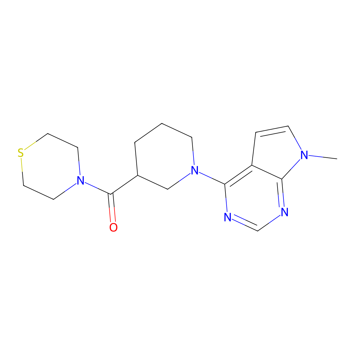 4-(1-{7-methyl-7H-pyrrolo[2,3-d]pyrimidin-4-yl}piperidine-3-carbonyl)thiomorpholine molecular structure, CAS 2640974-63-4