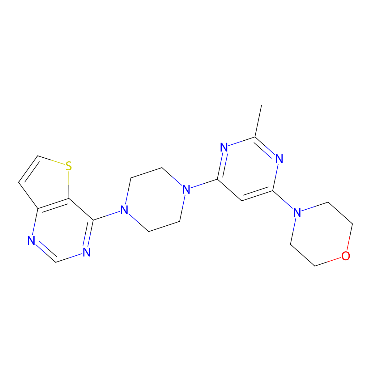 4-[2-Methyl-6-(4-{thieno[3,2-d]pyrimidin-4-yl}piperazin-1-yl)pyrimidin-4-yl]morpholine molecular structure, CAS 2640974-75-8