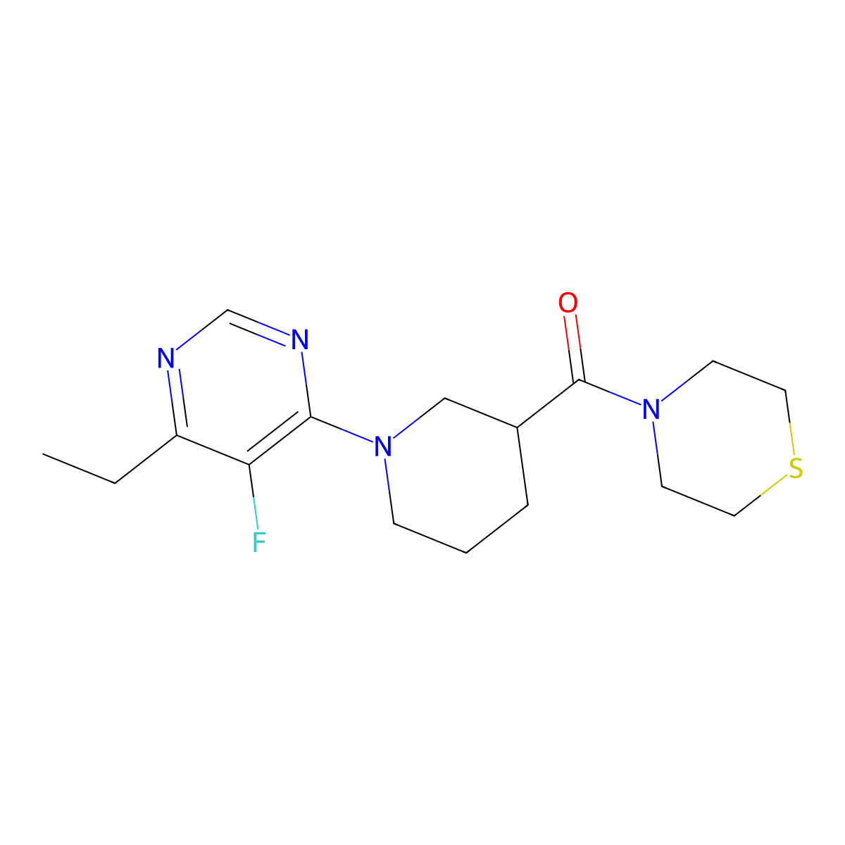 4-[1-(6-Ethyl-5-fluoropyrimidin-4-yl)piperidine-3-carbonyl]thiomorpholine molecular structure, CAS 2640974-81-6