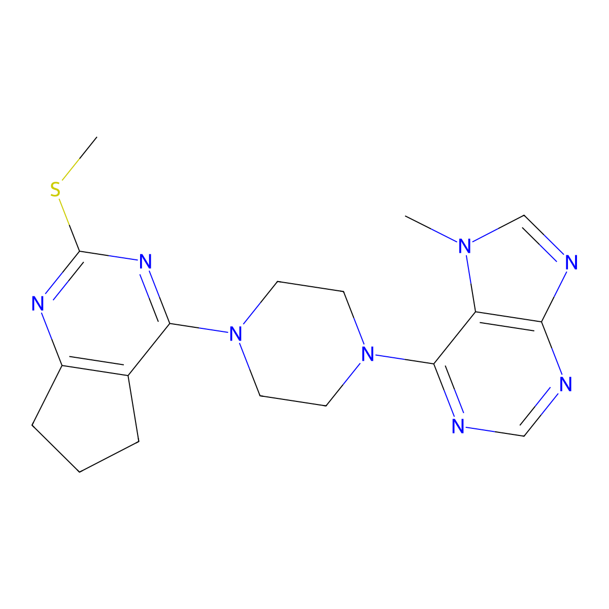 7-methyl-6-{4-[2-(methylsulfanyl)-5H,6H,7H-cyclopenta[d]pyrimidin-4-yl]piperazin-1-yl}-7H-purine molecular structure, CAS 2640974-86-1