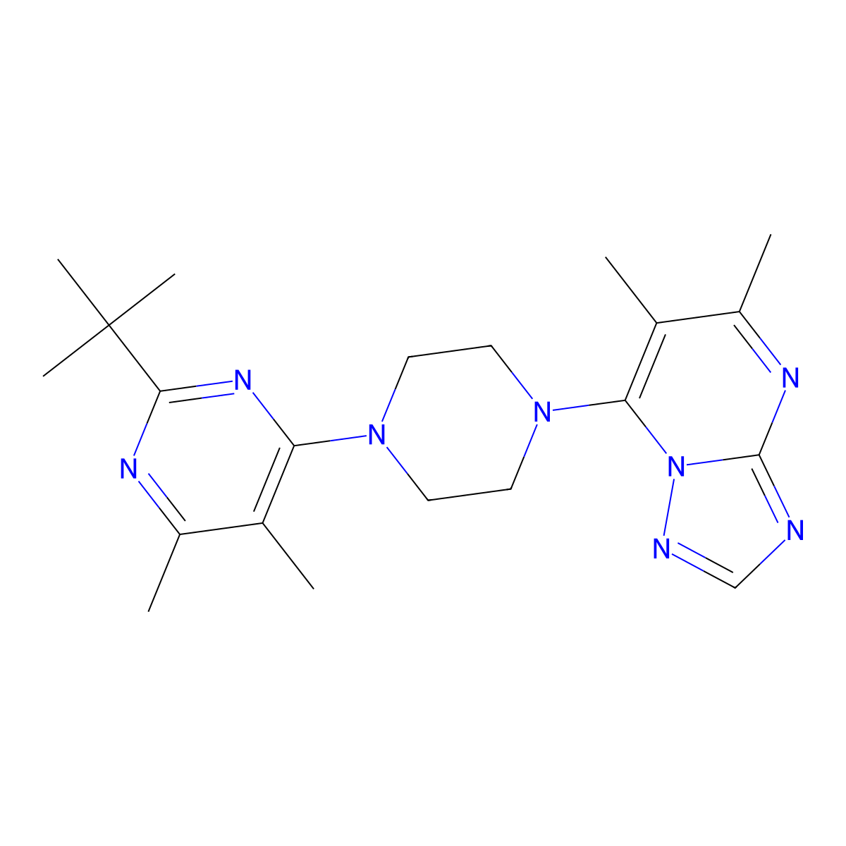 2-Tert-butyl-4-(4-{5,6-dimethyl-[1,2,4]triazolo[1,5-a]pyrimidin-7-yl}piperazin-1-yl)-5,6-dimethylpyrimidine molecular structure, CAS 2640974-93-0