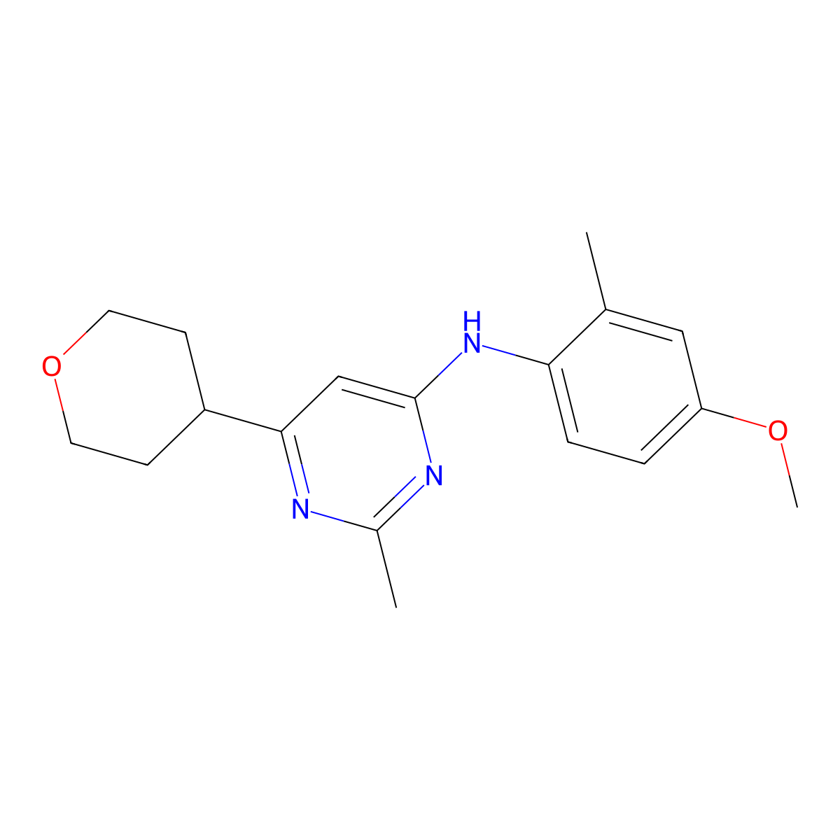 N-(4-methoxy-2-methylphenyl)-2-methyl-6-(oxan-4-yl)pyrimidin-4-amine molecular structure, CAS 2640974-95-2