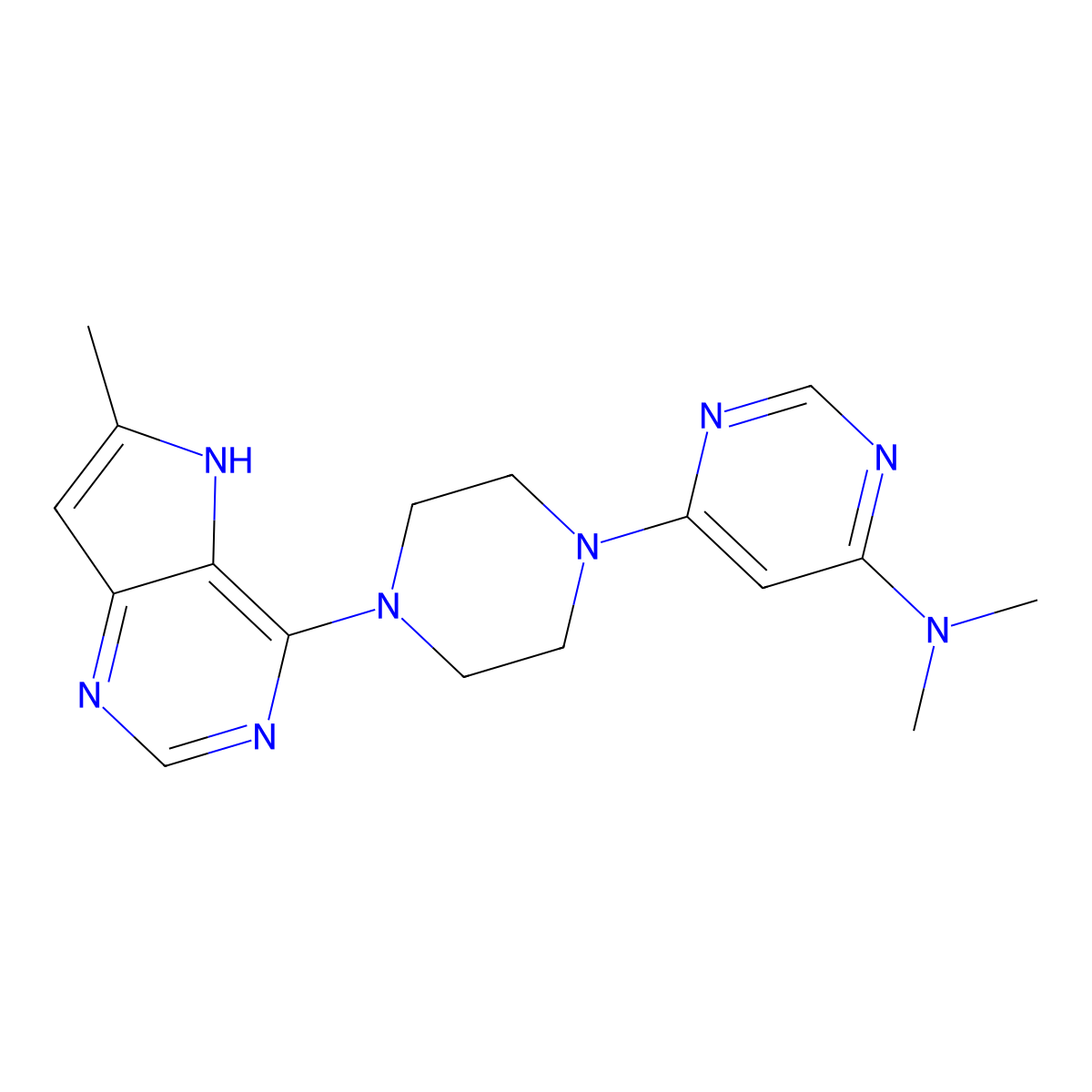 N,N-dimethyl-6-(4-{6-methyl-5H-pyrrolo[3,2-d]pyrimidin-4-yl}piperazin-1-yl)pyrimidin-4-amine molecular structure, CAS 2640974-96-3
