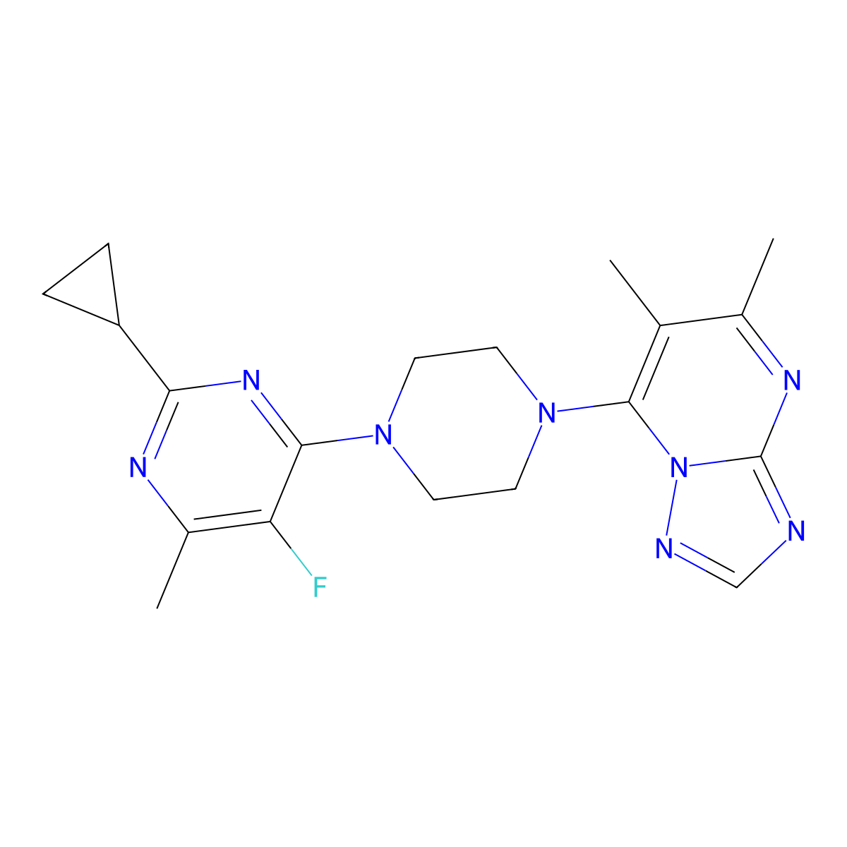 2-Cyclopropyl-4-(4-{5,6-dimethyl-[1,2,4]triazolo[1,5-a]pyrimidin-7-yl}piperazin-1-yl)-5-fluoro-6-methylpyrimidine molecular structure, CAS 2640974-97-4