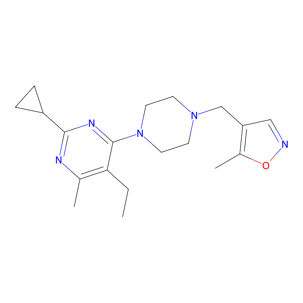 2-Cyclopropyl-5-ethyl-4-methyl-6-{4-[(5-methyl-1,2-oxazol-4-yl)methyl]piperazin-1-yl}pyrimidine molecular structure, CAS 2640974-98-5