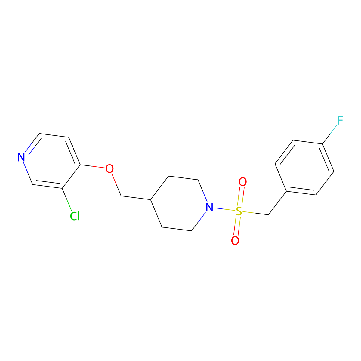 3-Chloro-4-({1-[(4-fluorophenyl)methanesulfonyl]piperidin-4-yl}methoxy)pyridine molecular structure, CAS 2640975-15-9