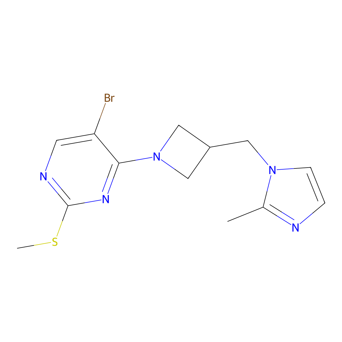 5-bromo-4-{3-[(2-methyl-1H-imidazol-1-yl)methyl]azetidin-1-yl}-2-(methylsulfanyl)pyrimidine molecular structure, CAS 2640975-16-0
