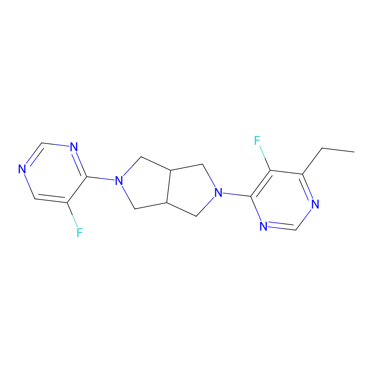 4-Ethyl-5-fluoro-6-[5-(5-fluoropyrimidin-4-yl)-octahydropyrrolo[3,4-c]pyrrol-2-yl]pyrimidine molecular structure, CAS 2640975-21-7