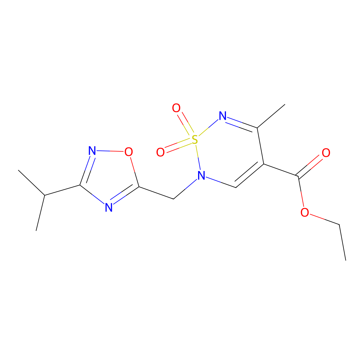 ethyl 5-methyl-1,1-dioxo-2-{[3-(propan-2-yl)-1,2,4-oxadiazol-5-yl]methyl}-2H-1lambda6,2,6-thiadiazine-4-carboxylate molecular structure, CAS 2640975-29-5