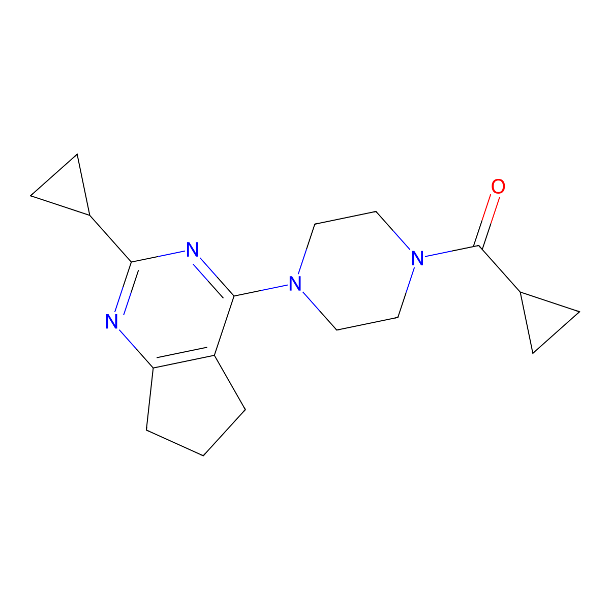 1-cyclopropanecarbonyl-4-{2-cyclopropyl-5H,6H,7H-cyclopenta[d]pyrimidin-4-yl}piperazine molecular structure, CAS 2640975-30-8
