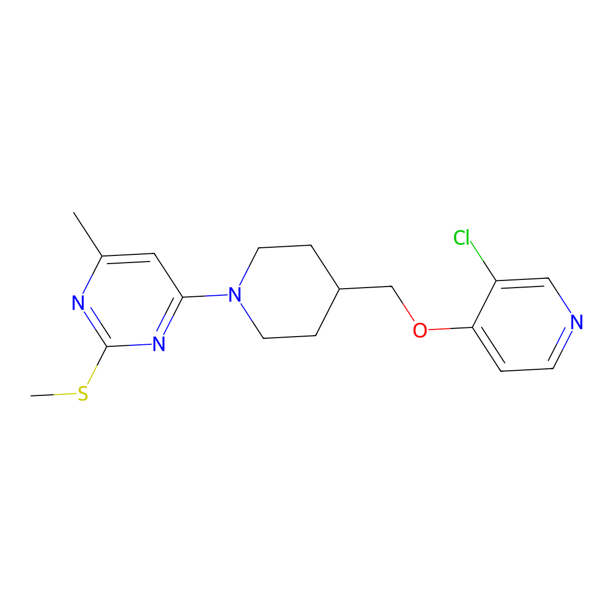 4-(4-{[(3-Chloropyridin-4-yl)oxy]methyl}piperidin-1-yl)-6-methyl-2-(methylsulfanyl)pyrimidine molecular structure, CAS 2640975-34-2