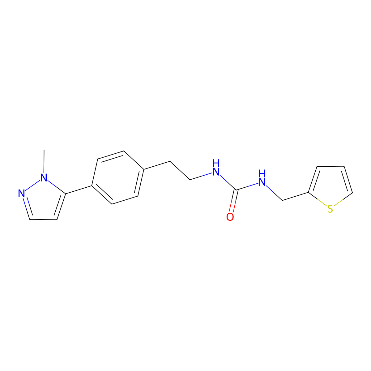 1-{2-[4-(1-methyl-1H-pyrazol-5-yl)phenyl]ethyl}-3-[(thiophen-2-yl)methyl]urea molecular structure, CAS 2640975-37-5