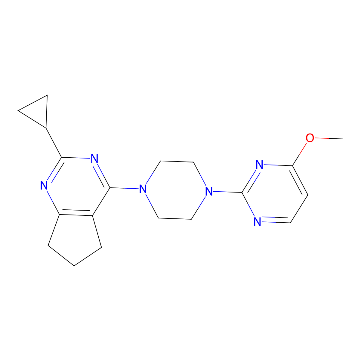 2-(4-{2-cyclopropyl-5H,6H,7H-cyclopenta[d]pyrimidin-4-yl}piperazin-1-yl)-4-methoxypyrimidine molecular structure, CAS 2640975-39-7