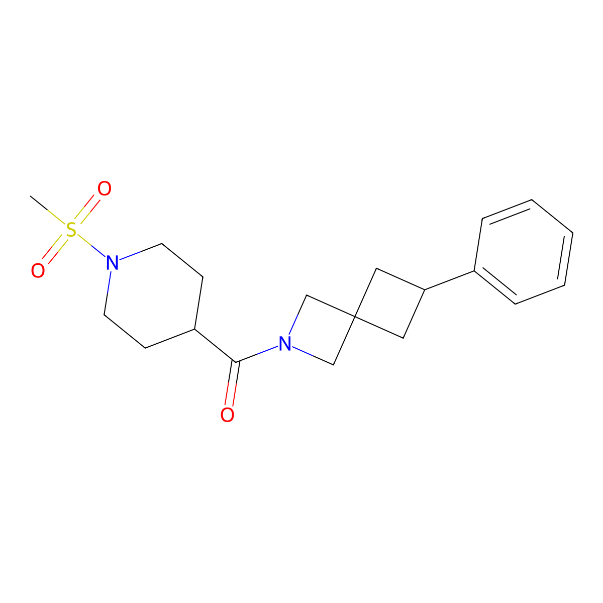 2-(1-Methanesulfonylpiperidine-4-carbonyl)-6-phenyl-2-azaspiro[3.3]heptane molecular structure, CAS 2640975-45-5