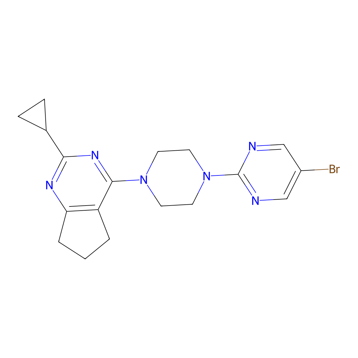 5-bromo-2-(4-{2-cyclopropyl-5H,6H,7H-cyclopenta[d]pyrimidin-4-yl}piperazin-1-yl)pyrimidine molecular structure, CAS 2640975-49-9
