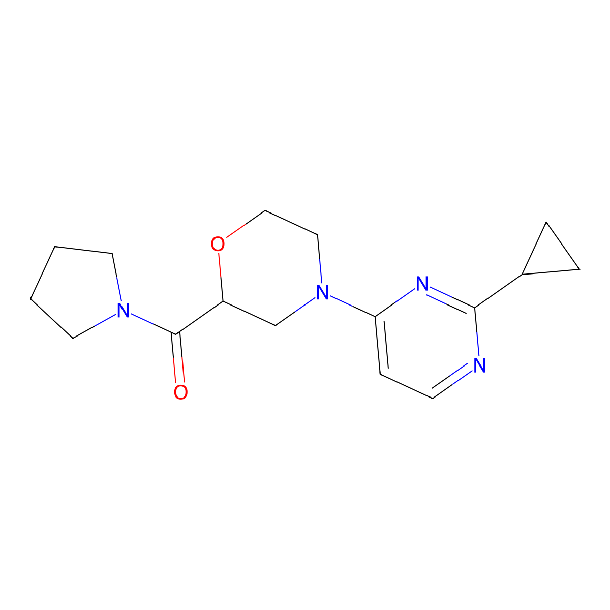 4-(2-Cyclopropylpyrimidin-4-yl)-2-(pyrrolidine-1-carbonyl)morpholine molecular structure, CAS 2640975-50-2