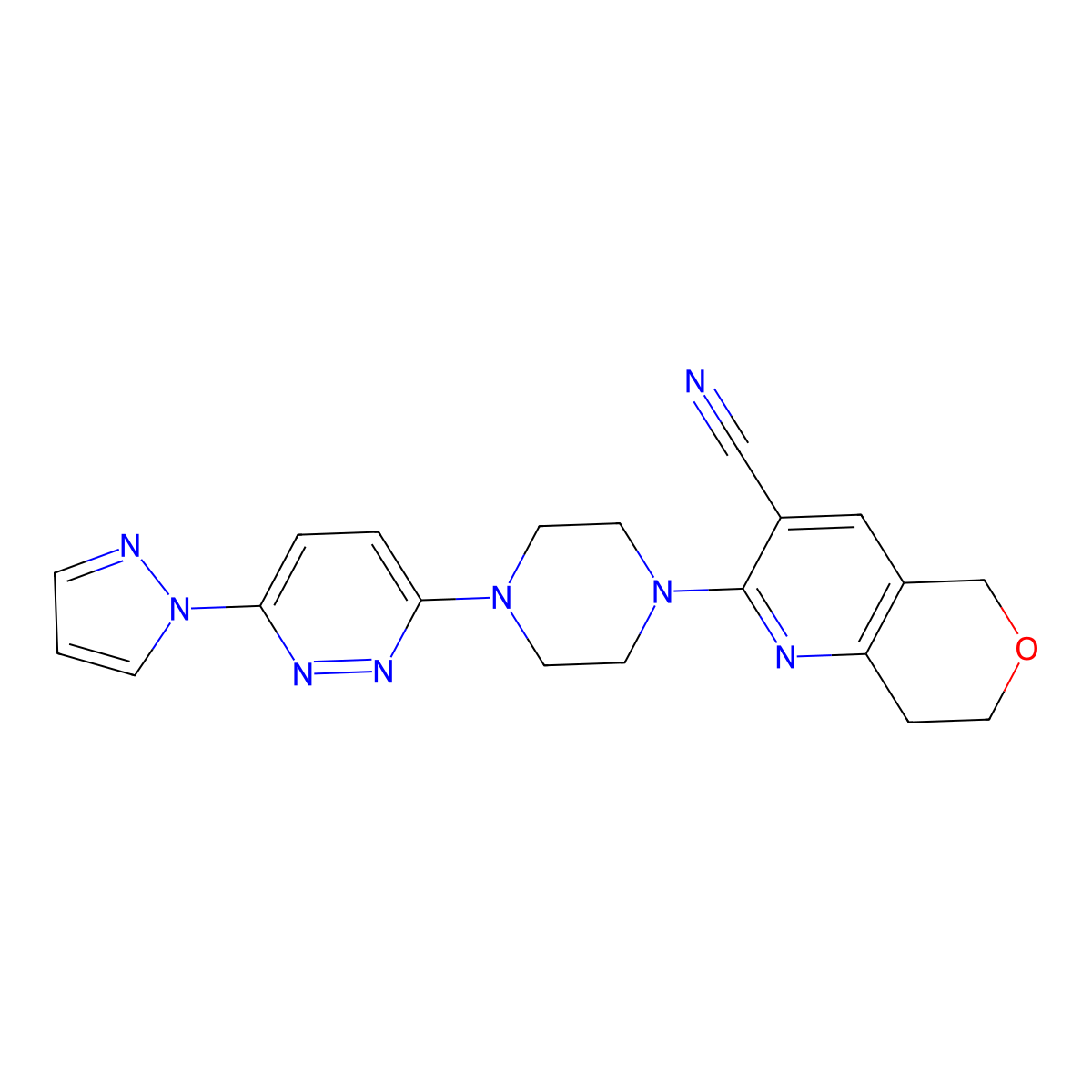 2-{4-[6-(1H-pyrazol-1-yl)pyridazin-3-yl]piperazin-1-yl}-5H,7H,8H-pyrano[4,3-b]pyridine-3-carbonitrile molecular structure, CAS 2640975-51-3