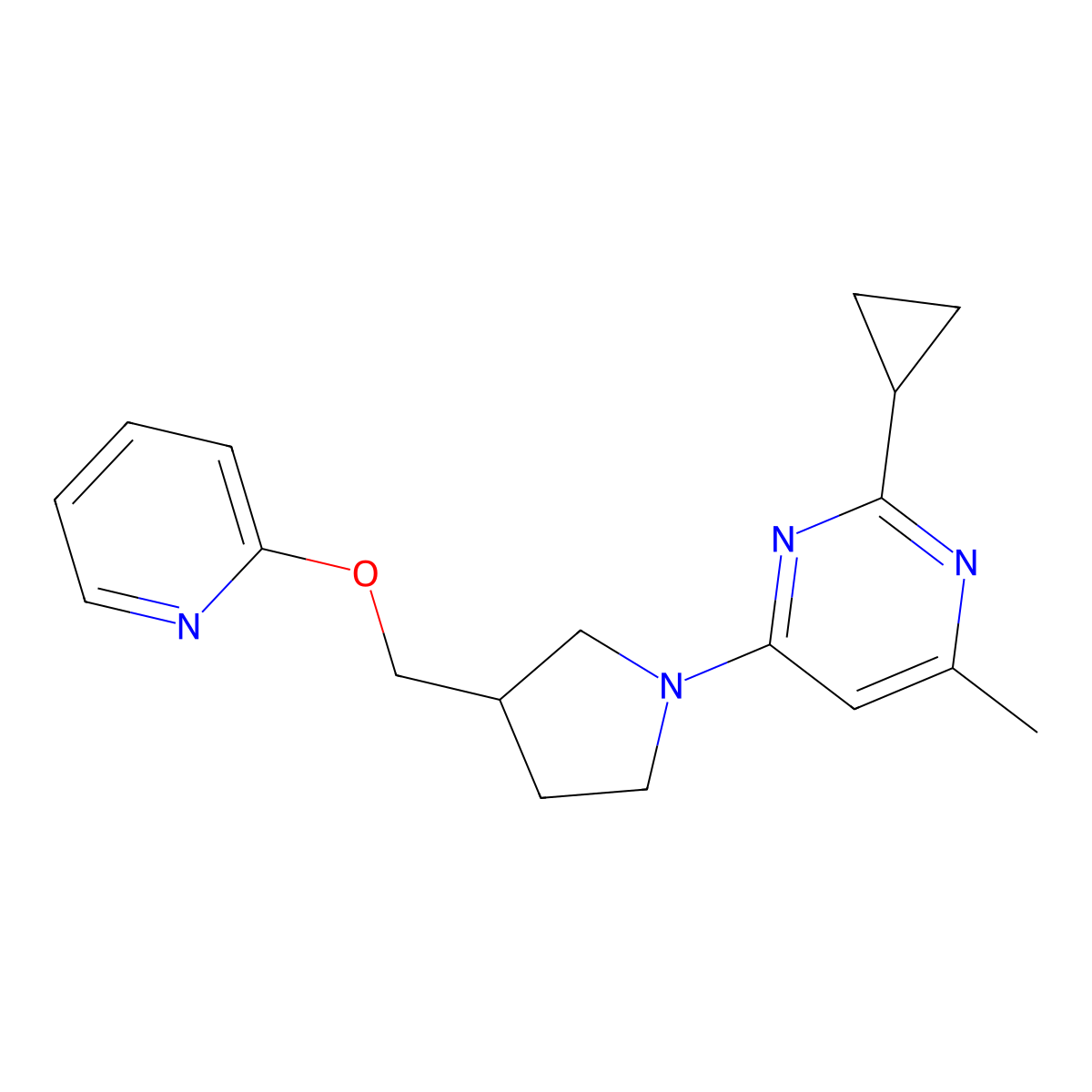 2-Cyclopropyl-4-methyl-6-{3-[(pyridin-2-yloxy)methyl]pyrrolidin-1-yl}pyrimidine molecular structure, CAS 2640975-56-8