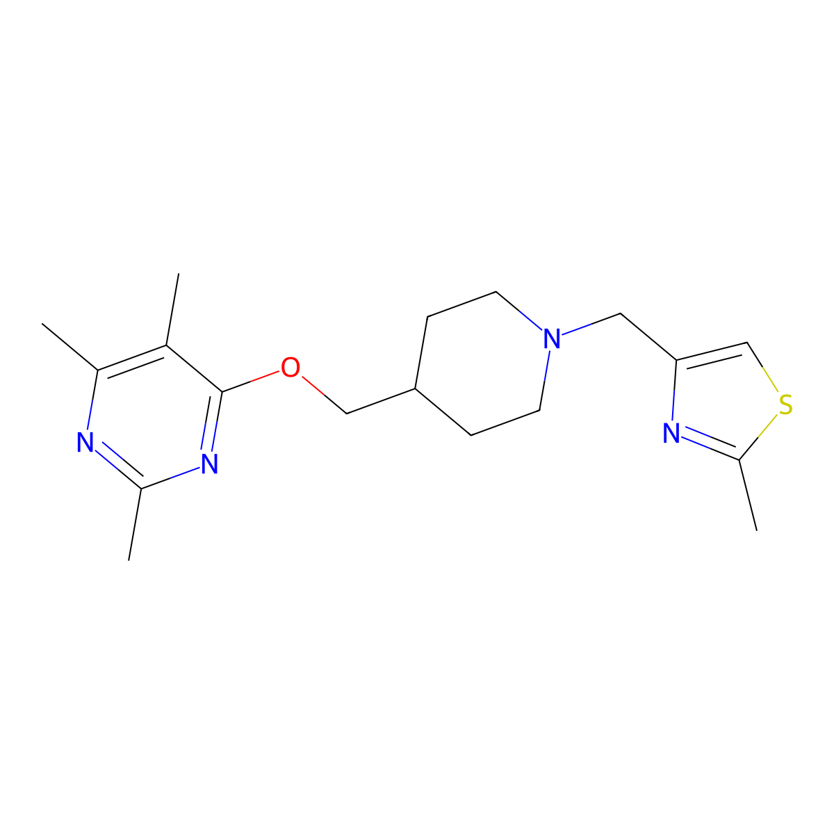2,4,5-Trimethyl-6-({1-[(2-methyl-1,3-thiazol-4-yl)methyl]piperidin-4-yl}methoxy)pyrimidine molecular structure, CAS 2640975-62-6