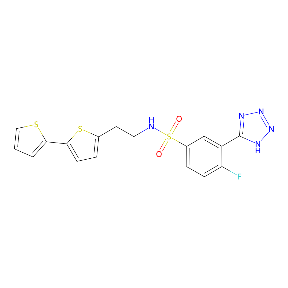 N-(2-{[2,2'-bithiophene]-5-yl}ethyl)-4-fluoro-3-(1H-1,2,3,4-tetrazol-5-yl)benzene-1-sulfonamide molecular structure, CAS 2640975-64-8
