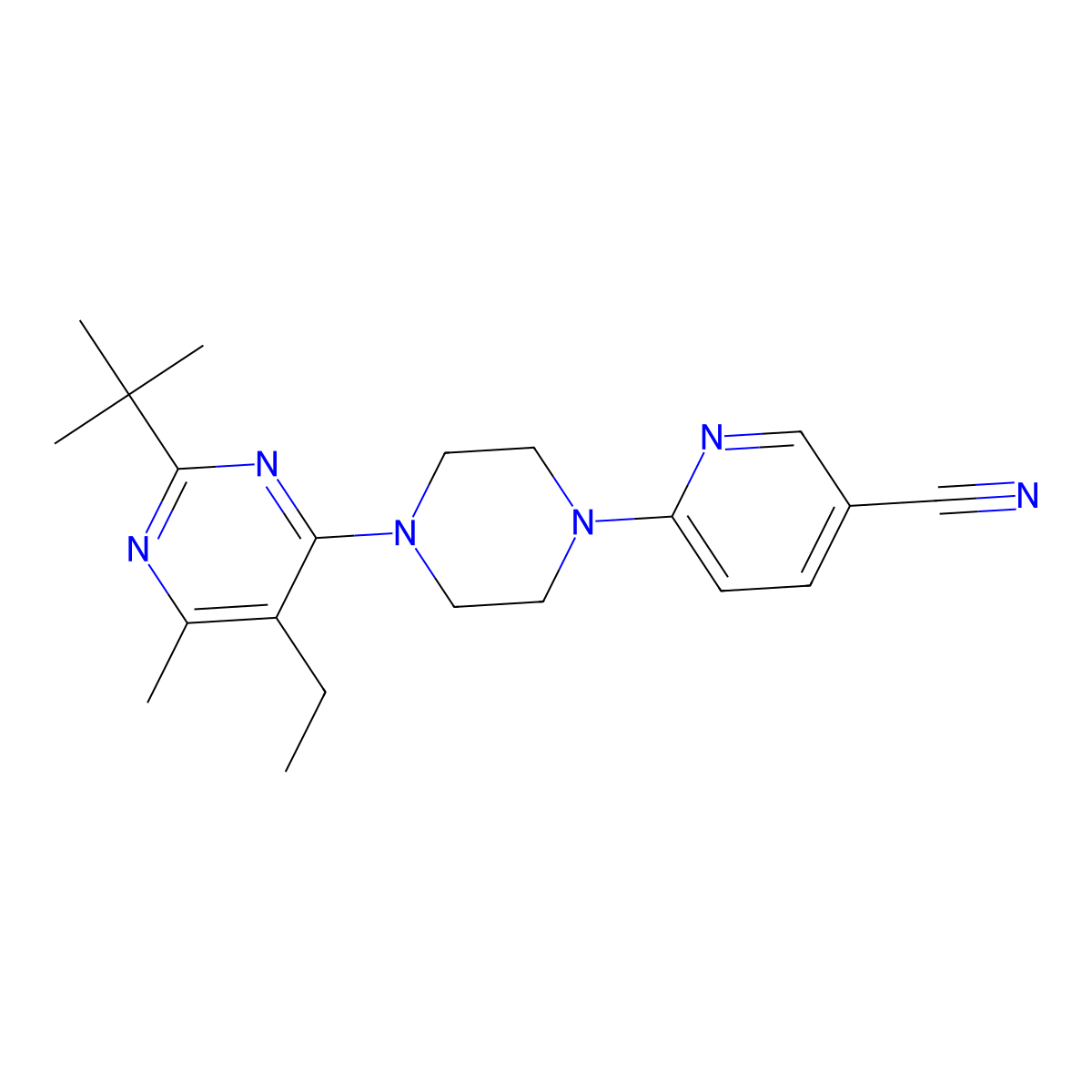 6-[4-(2-Tert-butyl-5-ethyl-6-methylpyrimidin-4-yl)piperazin-1-yl]pyridine-3-carbonitrile molecular structure, CAS 2640975-69-3
